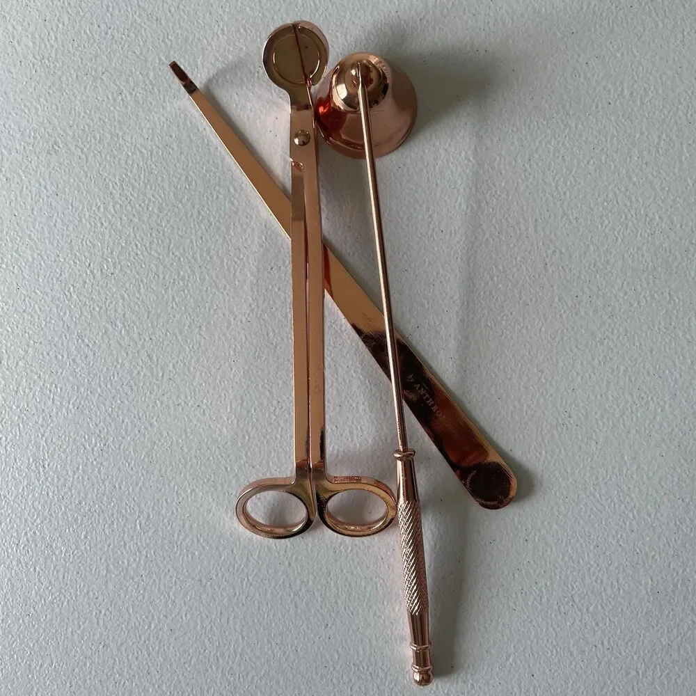 Anthropologie Home Candle Care Kit Rose Gold Snuffer, Wick Trimmer, Set of 3